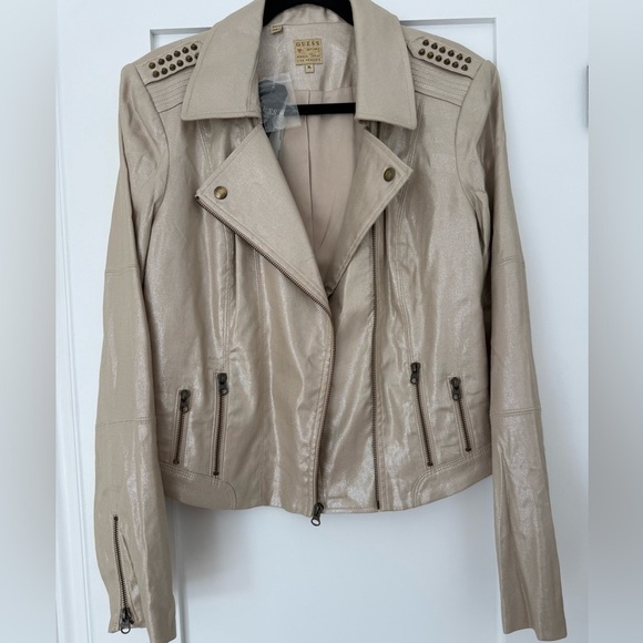 Guess Jackets & Blazers - GUESS BNWT XL Metallic Beige Moto Jacket Studded Shoulders | Luxe Statement
